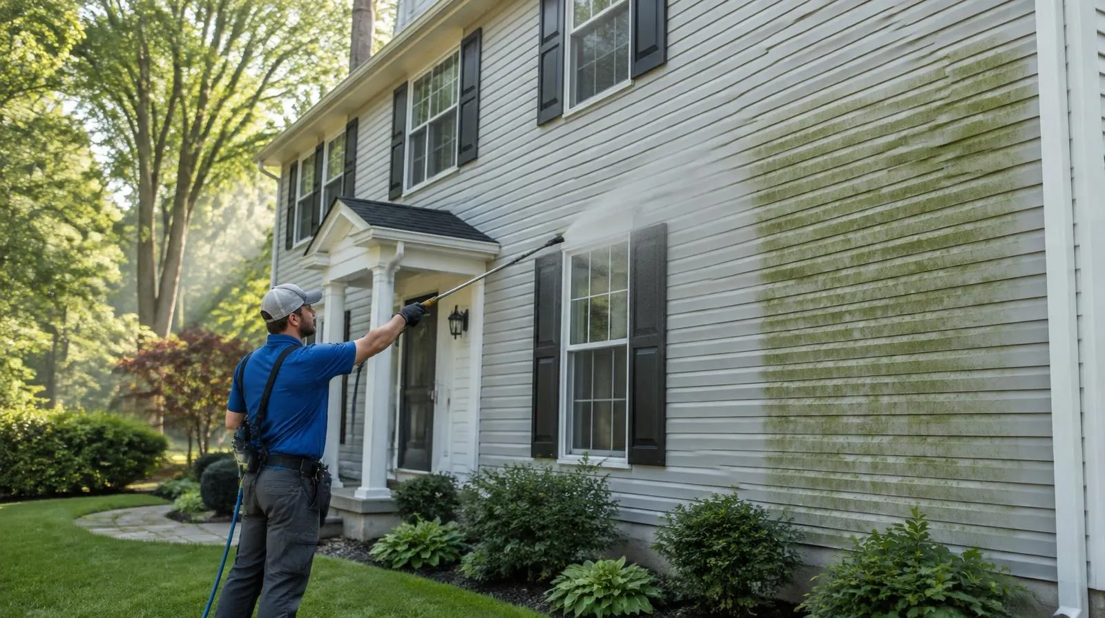 Glassworks technician soft washing green algae off vinyl siding on a Rockland County home