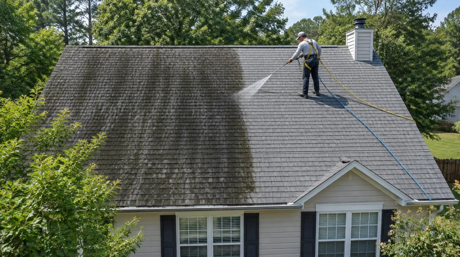Roof half cleaned by Glassworks, showing black algae streaks next to clean shingles